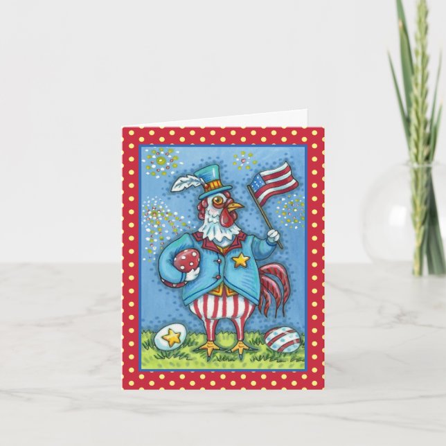 4TH OF JULY ROOSTER, FUNNY PATRIOTIC CHICKEN Verse Holiday Card (Front)