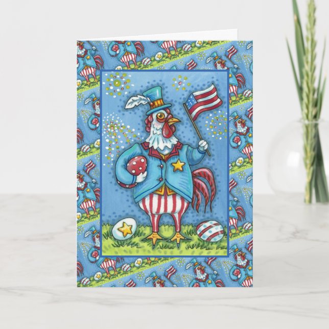 4TH OF JULY ROOSTER, FUNNY PATRIOTIC CHICKEN Verse Holiday Card (Front)