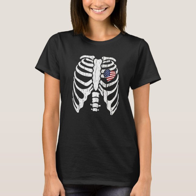 4th Of July Skeleton Heart Rib Cage X Ray Usa Flag T-Shirt (Front)