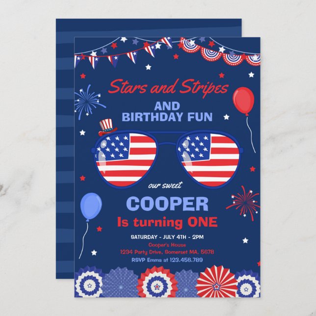 4th Of July Stars And Stripes 1st Birthday Invitation (Front/Back)