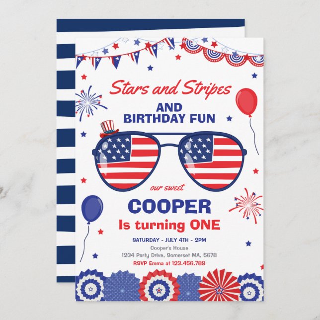 4th Of July Stars And Stripes 1st Birthday Invitation (Front/Back)