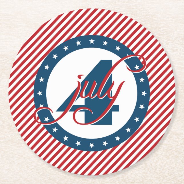 4th of July Stars and Stripes Round Paper Coaster (Front)