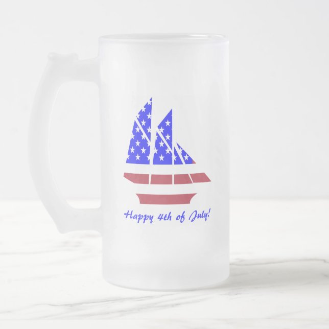 4th of July Summer Sailboat red, white and blue Frosted Glass Beer Mug (Left)