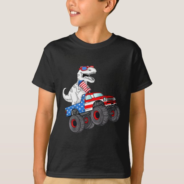 4th Of July T Rex Dino Trex Dinosaur Monster Truck T-Shirt (Front)