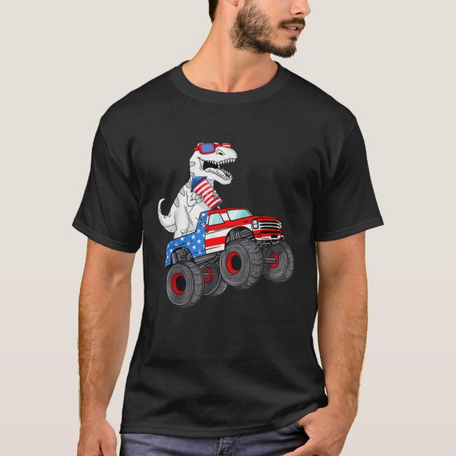 4th Of July T Rex Dino Trex Dinosaur Monster Truck T-Shirt (Front)