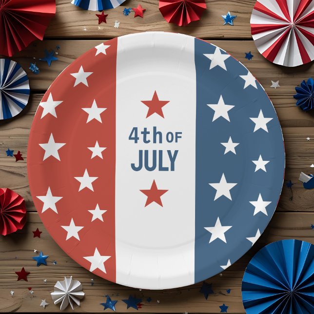 4th OF July Text Red, White & Blue with Stars Paper Plate (Creator Uploaded)