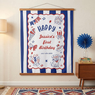 4th Of July Theme Hand Drawn Birthday Tapestry