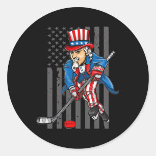 4th of July Uncle Sam Ice Hockey Boys American Fla Classic Round Sticker