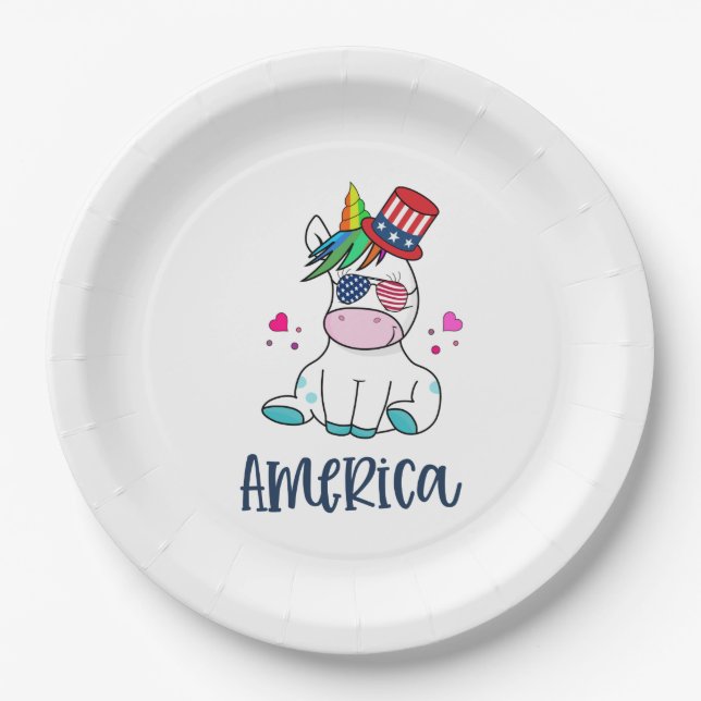 4th of July Unicorn with USA Flag Sun Glasses Paper Plate (Front)