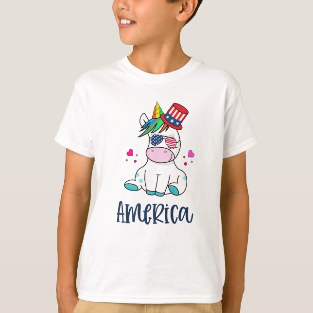 4th of July Unicorn with USA Flag Sun Glasses T-Shirt (Front)