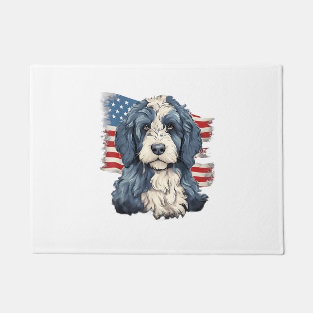 4th Of July US Flag Bernedoodle Dog T-Shirt Doormat (Front)