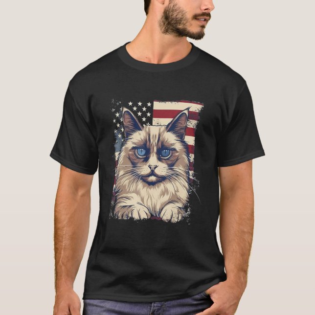 4th Of July US Flag Birman Cat T-Shirt (Front)