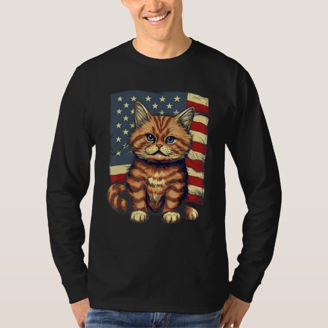 4th Of July US Flag Munchkin Cat T-Shirt (Front)