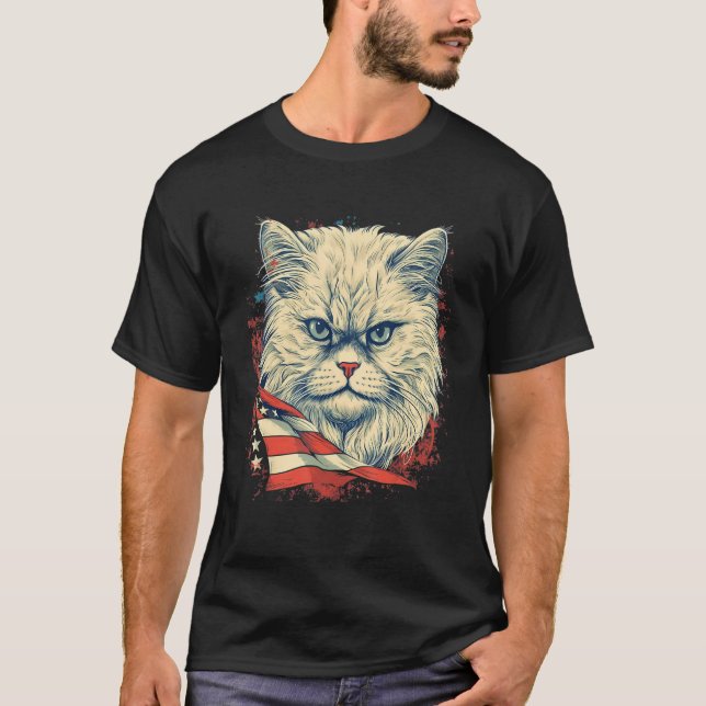 4th Of July US Flag Persian Cat T-Shirt (Front)