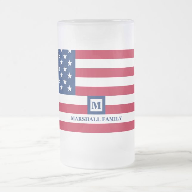 4th Of July USA American Flag Customised Monogram Frosted Glass Beer Mug (Center)