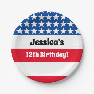 4th of July USA flag Red white and blue Birthday Paper Plate