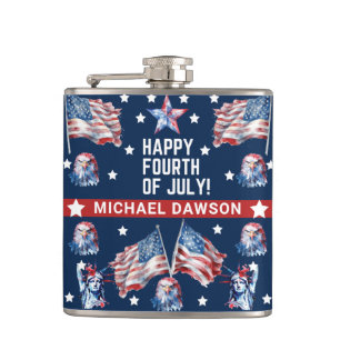 4th of July Watercolor Family Name Patriotic Hip Flask