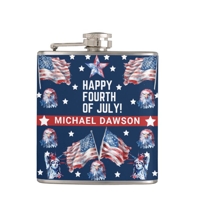 4th of July Watercolor Family Name Patriotic Hip Flask (Front)