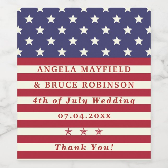 4th of July Wedding Thank You Stars Stripes Names Wine Label (Single Label)