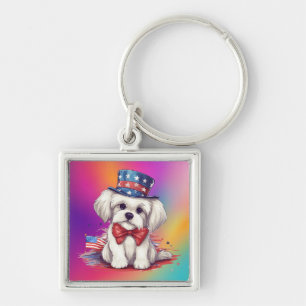 4th of July White Cute Puppy Dog-43568 Key Ring