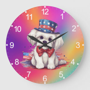 4th of July White Cute Puppy Dog-43568 Large Clock
