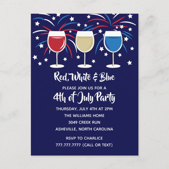 4th of July Wine Red White and Blue Party Invitation Postcard (Front)