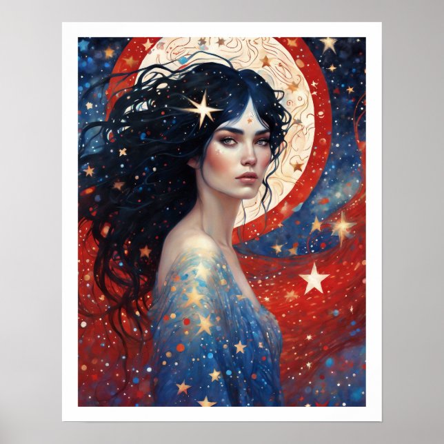 4th of July Woman in Red Fireworks Art Deco Poster (Front)