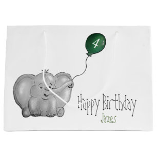 4th or any birthday elephant with green balloon large gift bag
