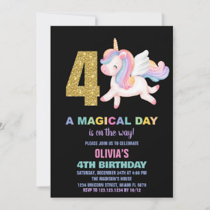4th Rainbow Unicorn Birthday Invitations Black