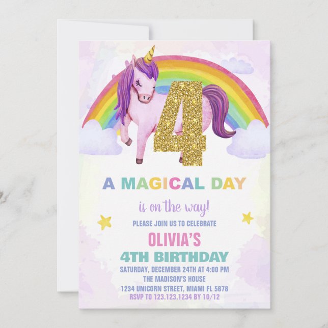 4th Rainbow Unicorn Birthday Invitations Cloud (Front)