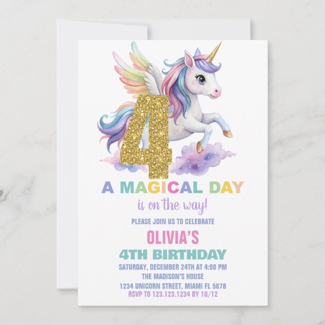 4th Rainbow Unicorn Birthday Invitations Fly (Front)