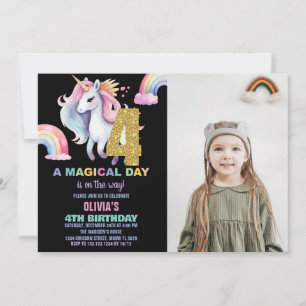 4th Rainbow Unicorn Birthday Invitations w photo