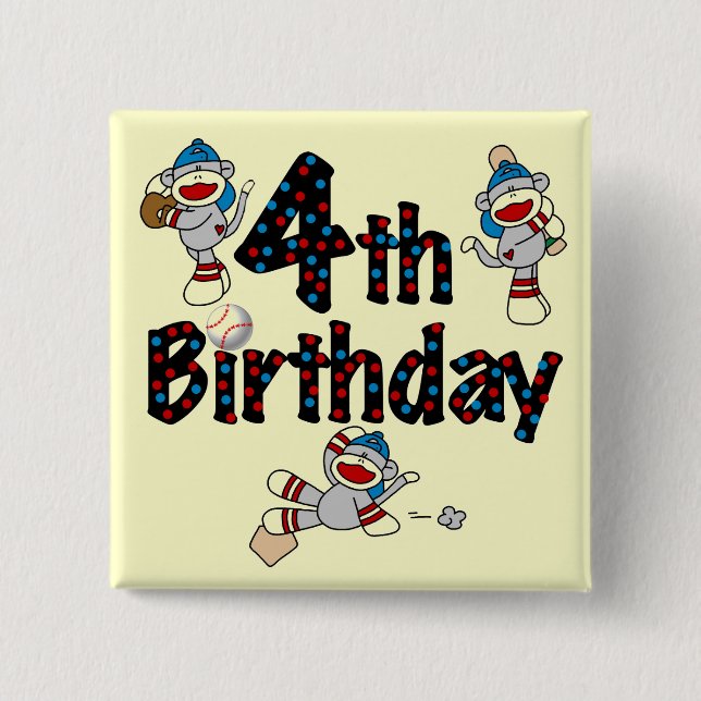 4th Sock Monkey Baseball Birthday 15 Cm Square Badge (Front)