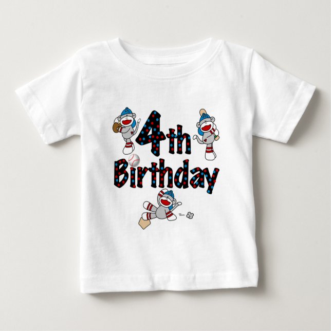 4th Sock Monkey Baseball Birthday Baby T-Shirt (Front)