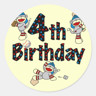 4th Sock Monkey Baseball Birthday Classic Round Sticker