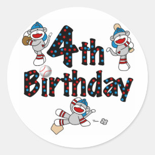 4th Sock Monkey Baseball Birthday Classic Round Sticker