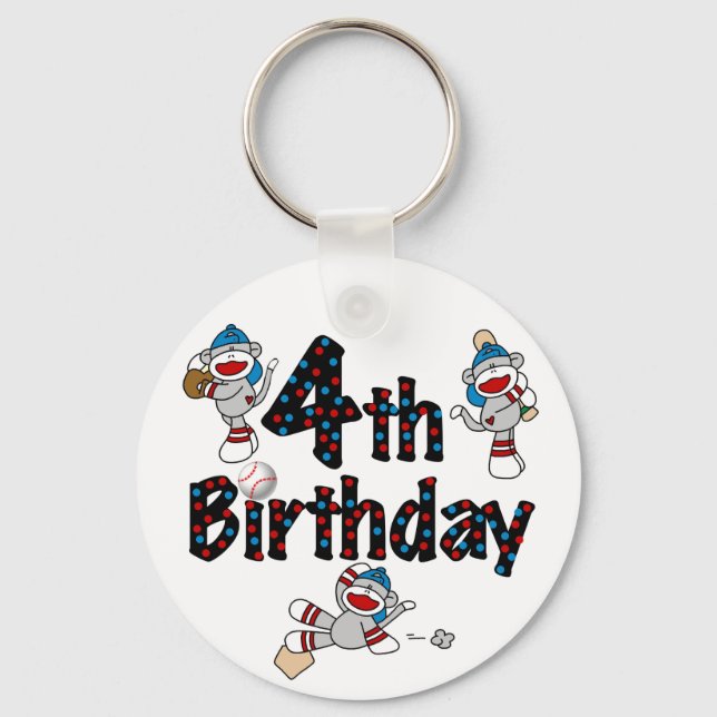 4th Sock Monkey Baseball Birthday Key Ring (Front)