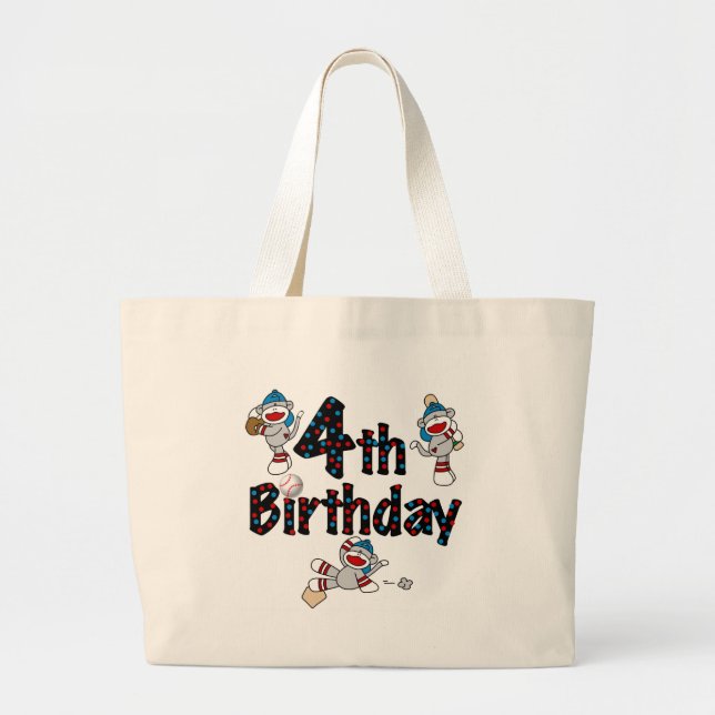 4th Sock Monkey Baseball Birthday Large Tote Bag (Front)