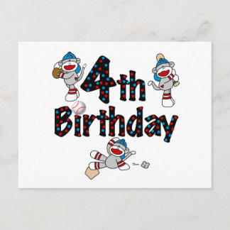 4th Sock Monkey Baseball Birthday Postcard