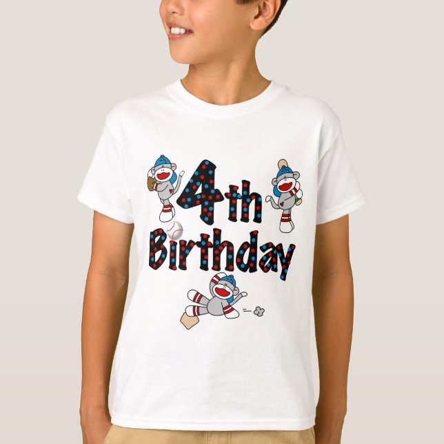 4th Sock Monkey Baseball Birthday T-Shirt (Front)