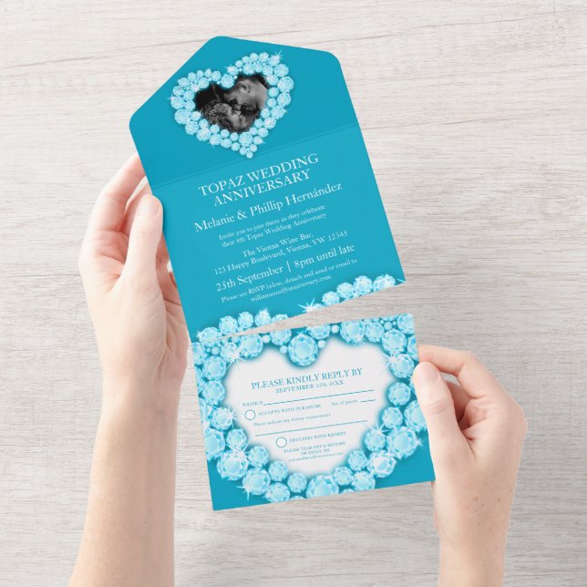 4th topaz wedding anniversary photo blue all in one invitation (Tearaway)