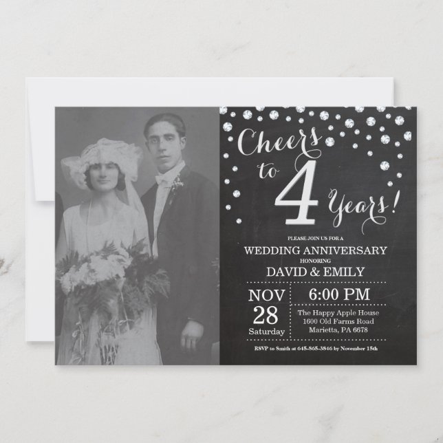 4th Wedding Anniversary Chalkboard Black Silver Invitation (Front)