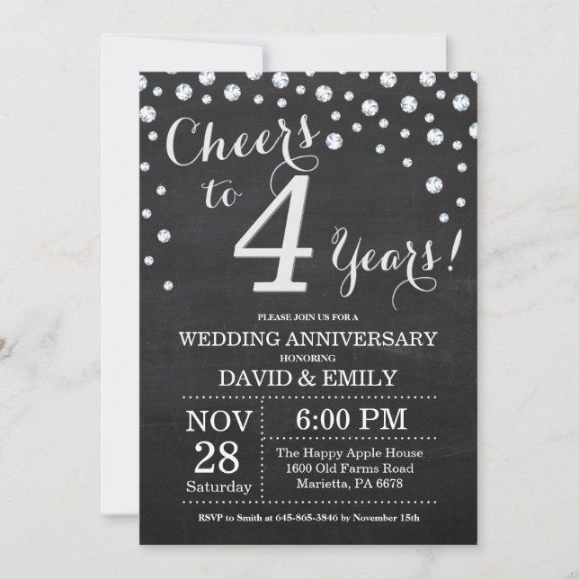 4th Wedding Anniversary Chalkboard Black Silver Invitation (Front)