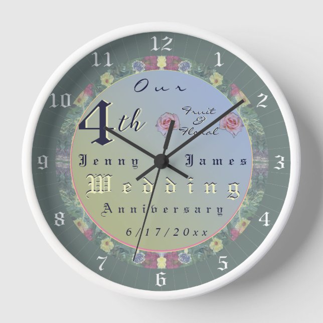 4th Wedding Anniversary Floral Wall Clock (Front)