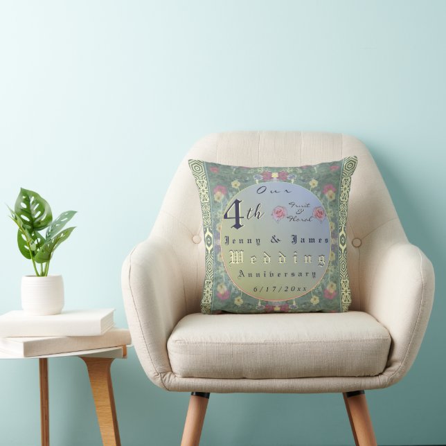 4th Year Wedding Anniversary Green&Blue Flower Cushion (Chair)