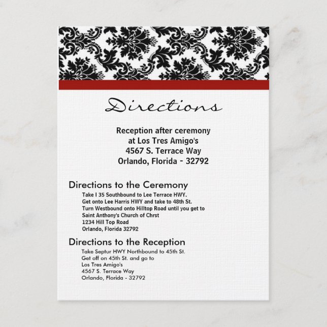 4x5 Directions Card Black Damask Red Reception (Front)