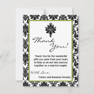 4x5 FLAT Thank You Card Black Green Damask Lace