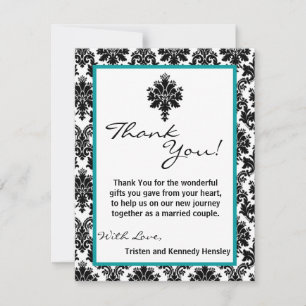 4x5 FLAT Thank You Card Black Teal Damask Lace