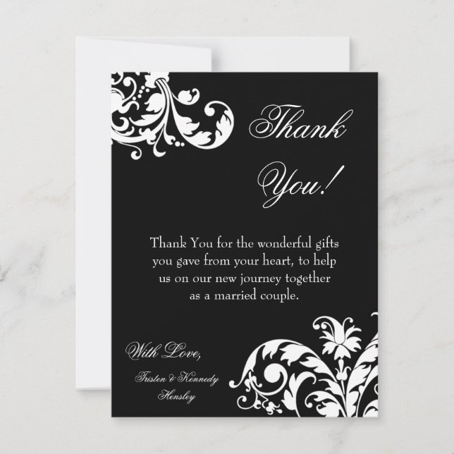 4x5 FLAT Thank you Card Black White Floral Filigre (Front)
