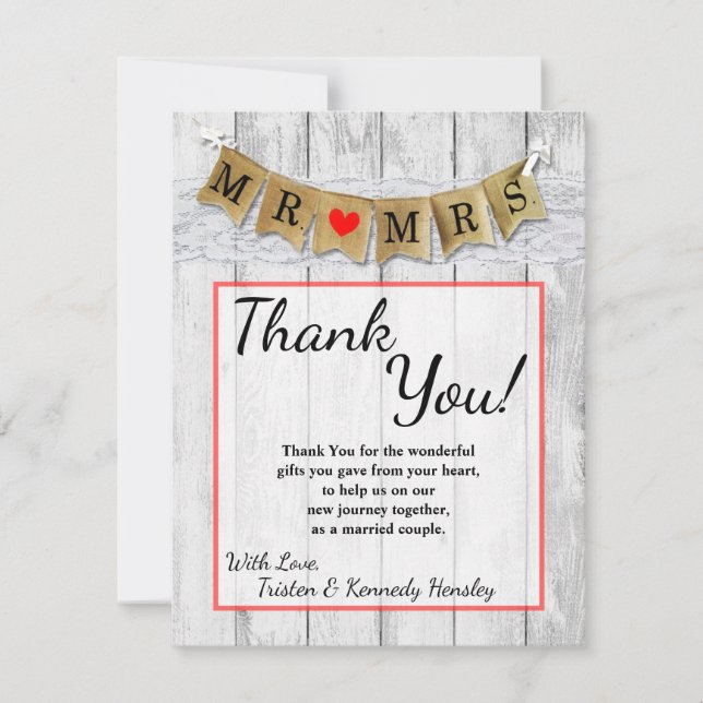 4x5 FLAT Thank You Card Burlap Mr. and Mrs. Banner (Front)